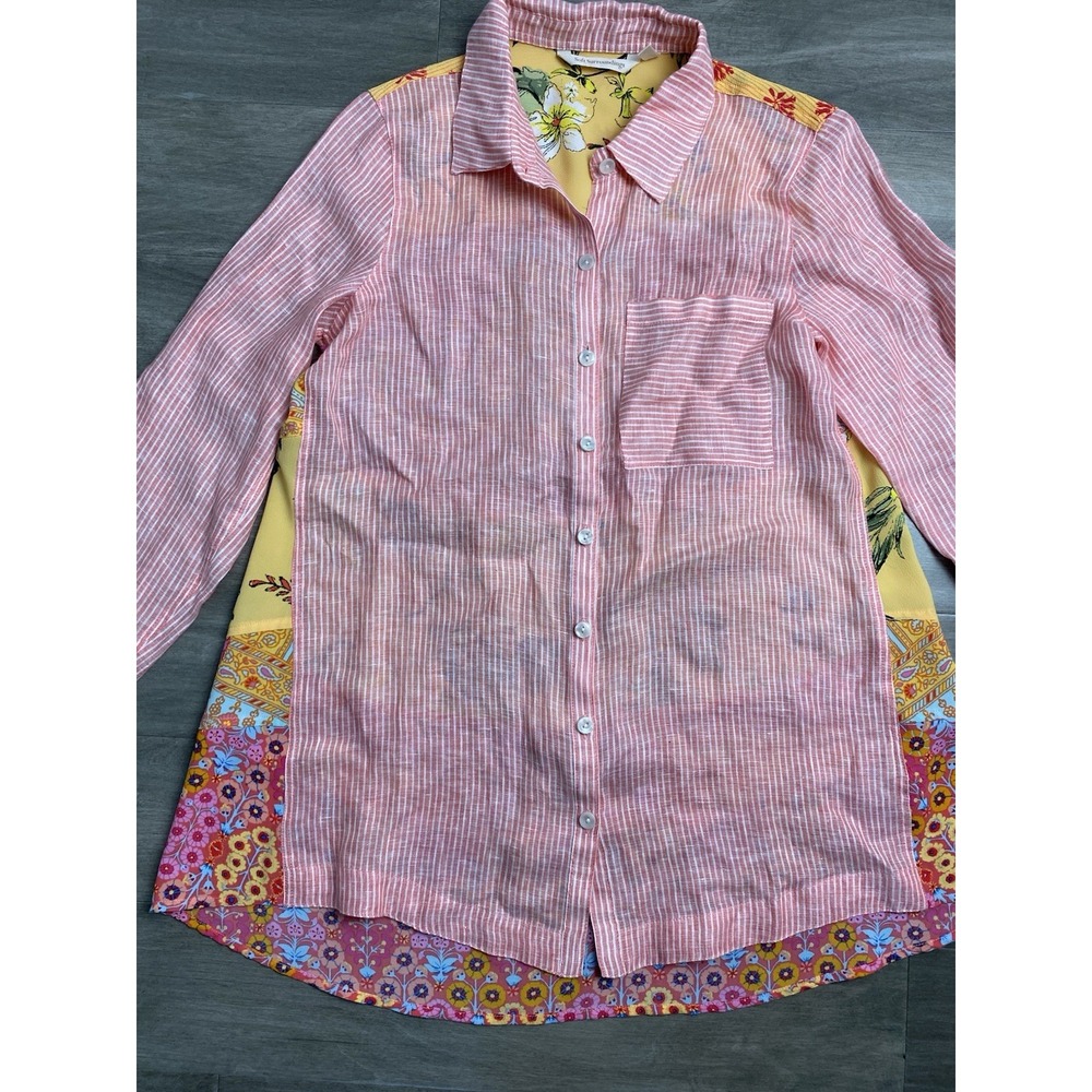Soft Surroundings Linen Patchwork Back Tunic Shirt Size Xs Boho Long Sleeve